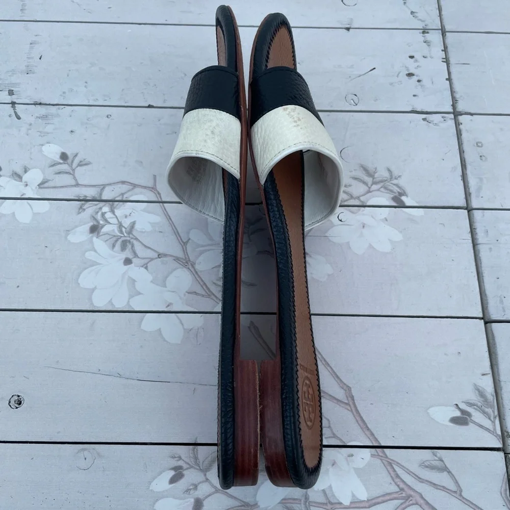 Tory Burch Black and White Leather Slide Mules